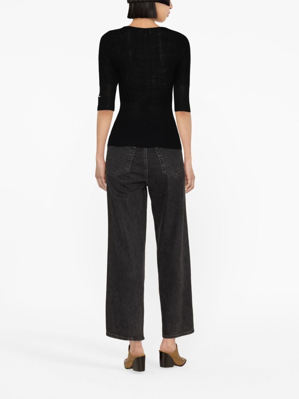 Shop Ganni Ribbed-knit Merino Wool Top In Black