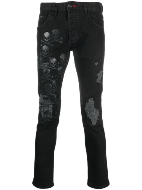 Philipp Plein Skull & Bones logo-embroidered ripped jeans Men