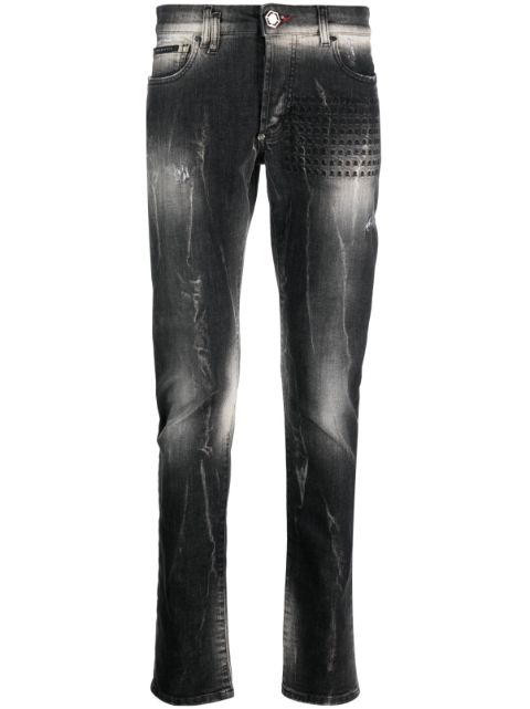 Philipp Plein Skull&Bones-embroidered faded jeans Men