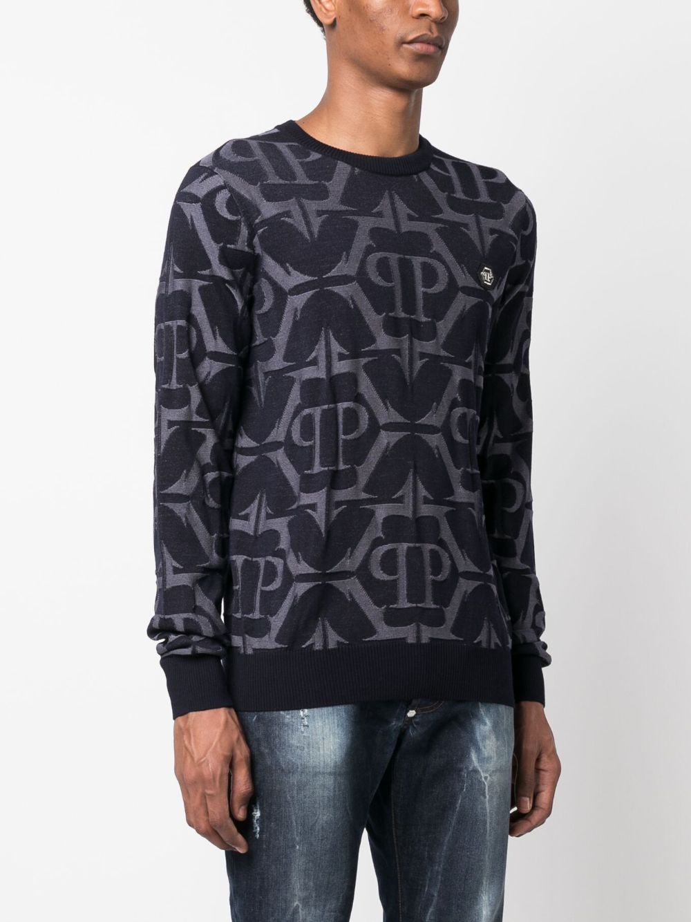 Shop Philipp Plein Chrome Patterned-intarsia Sweatshirt In Blue