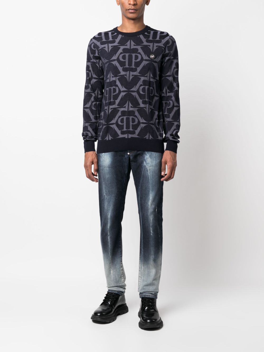 Shop Philipp Plein Chrome Patterned-intarsia Sweatshirt In Blue