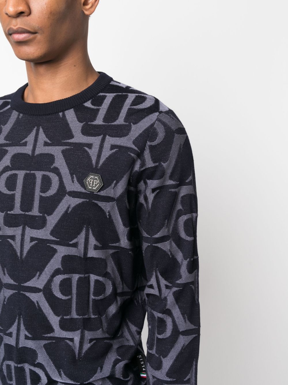 Shop Philipp Plein Chrome Patterned-intarsia Sweatshirt In Blue