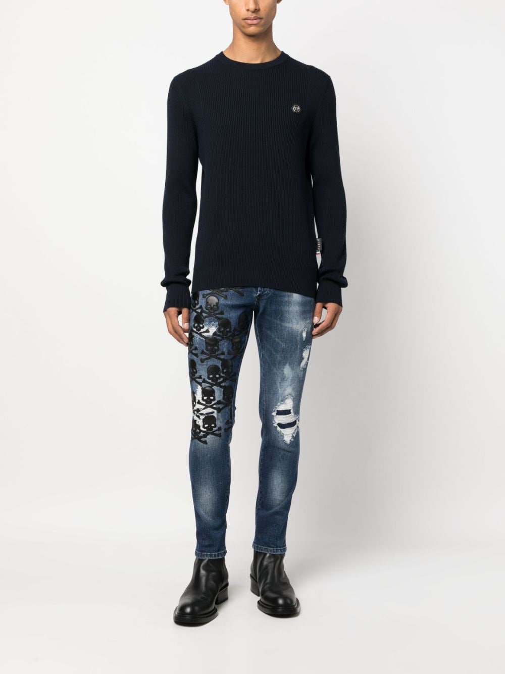 Shop Philipp Plein Skull&bones Merino Knit Jumper In Blue