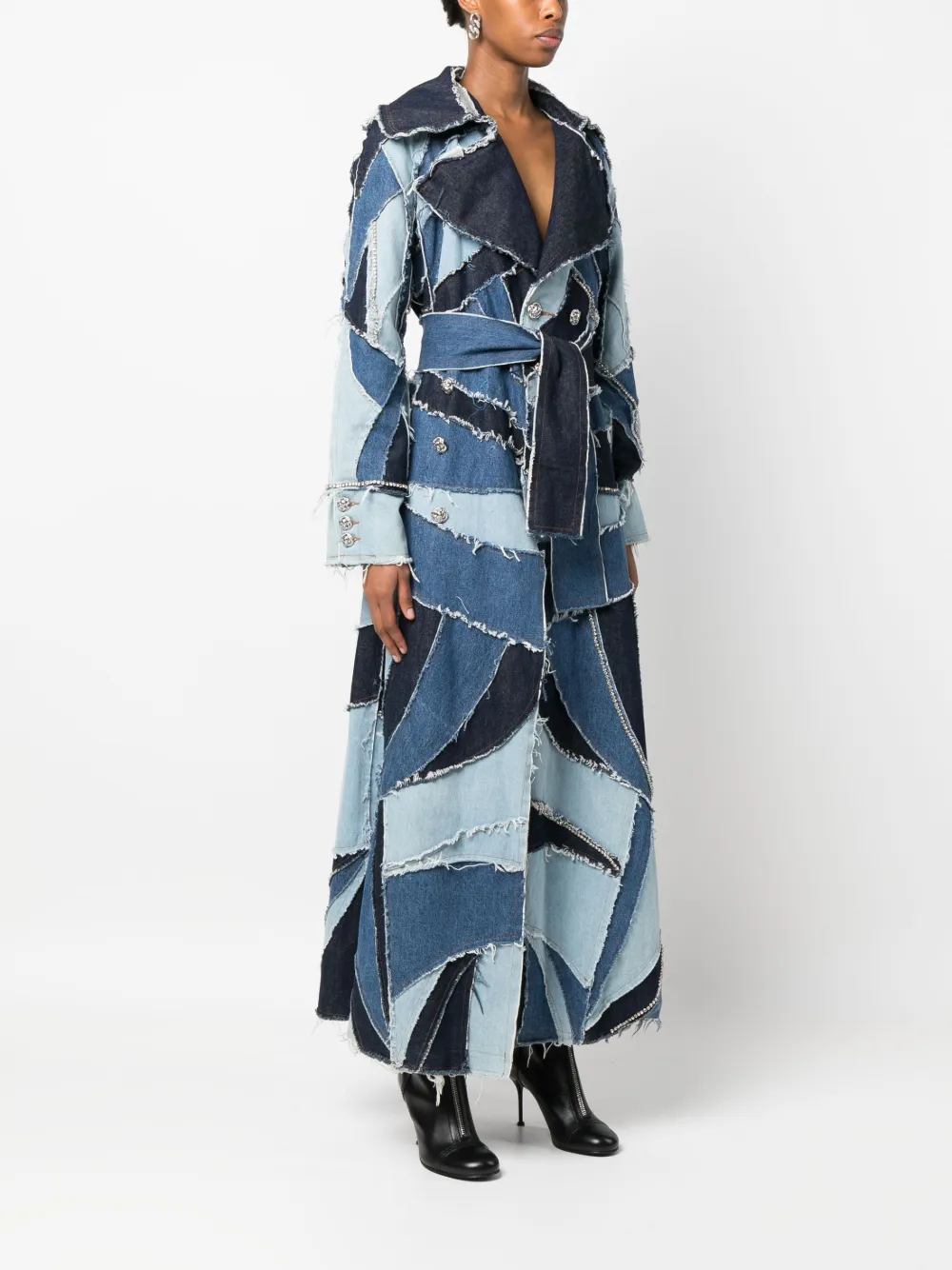 Philipp Plein Denim-patchwork Double-breasted Coat In Blue