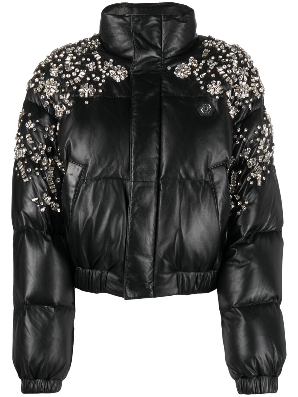 crystal-embellished leather puffer jacket