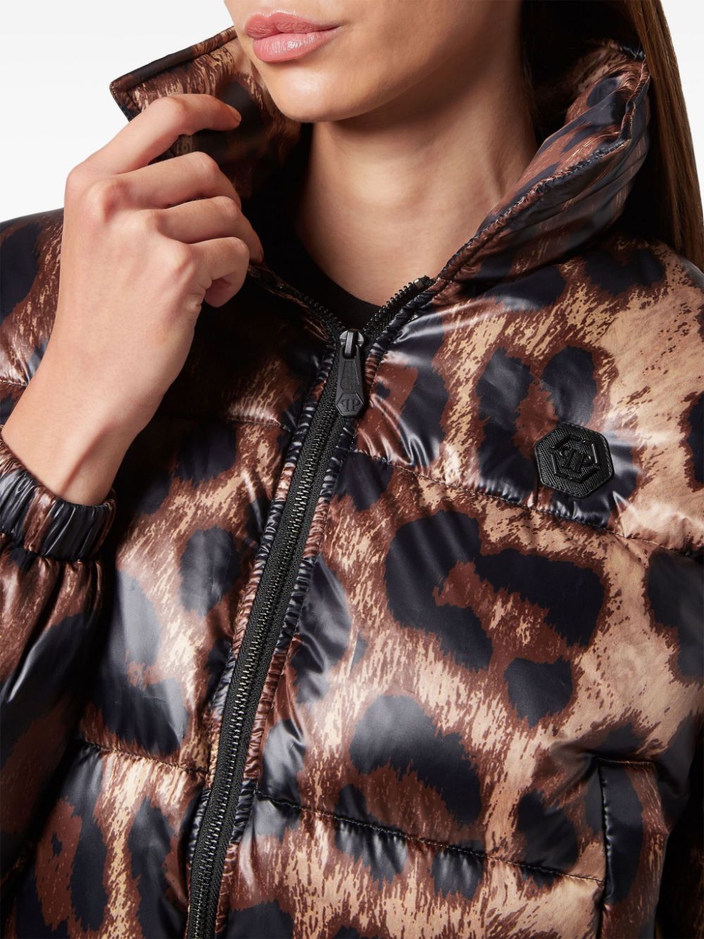 Shop Philipp Plein Leopard-print Quilted Down Jacket In Braun