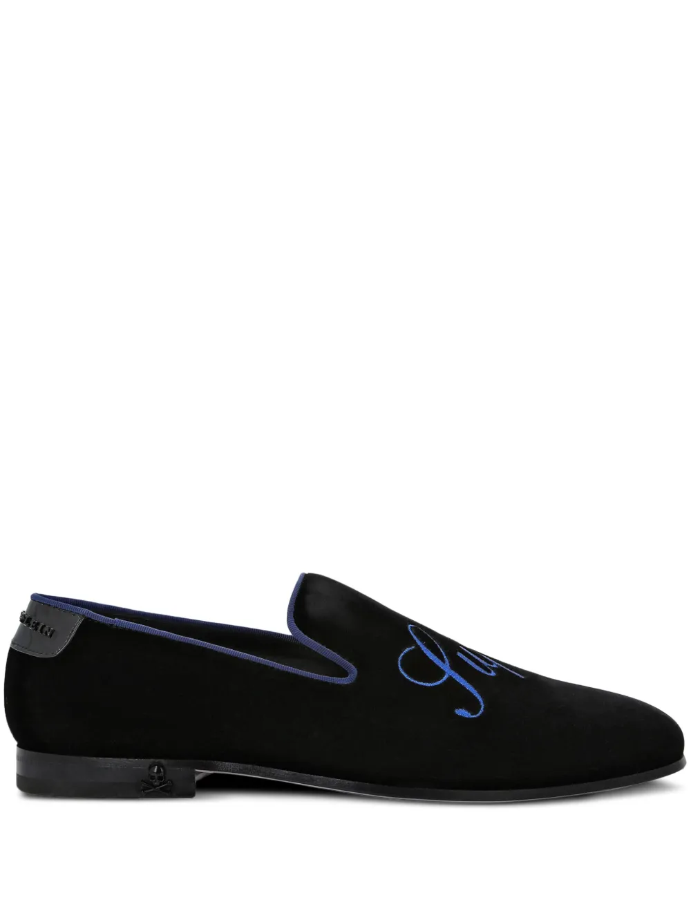 Philipp Plein Slogan-embroidered Velvet Loafers In Blue