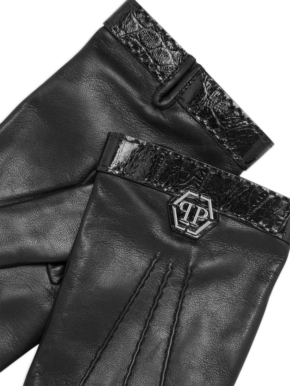 Philipp Plein logo-patch leather gloves - Zwart