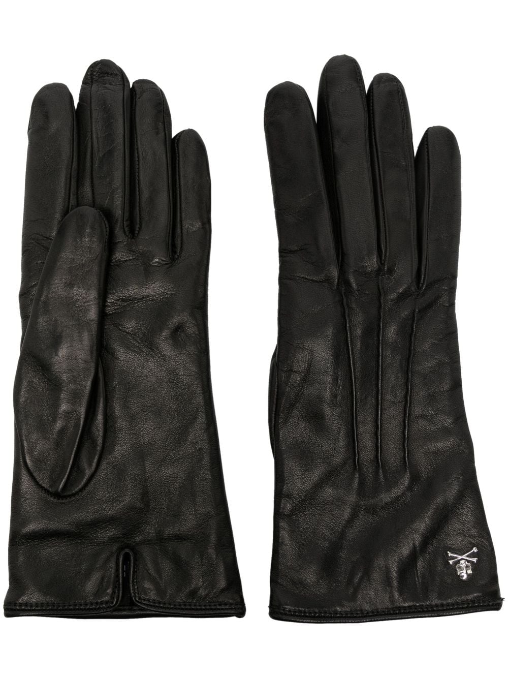 Philipp Plein Skull & Bones Leather Gloves In Black