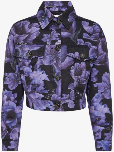 Philipp Plein floral-print cropped denim jacket