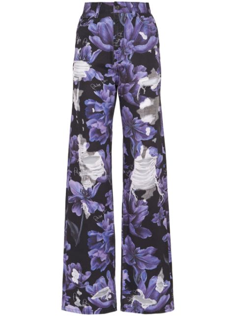 Philipp Plein floral-print high-rise wide-leg jeans Women