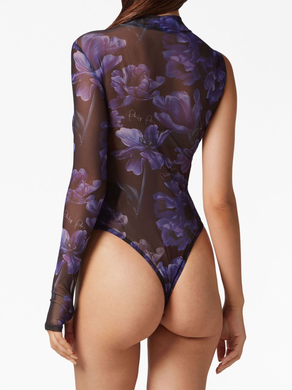 Shop Philipp Plein Floral-print Single-sleeve Bodysuit In Black