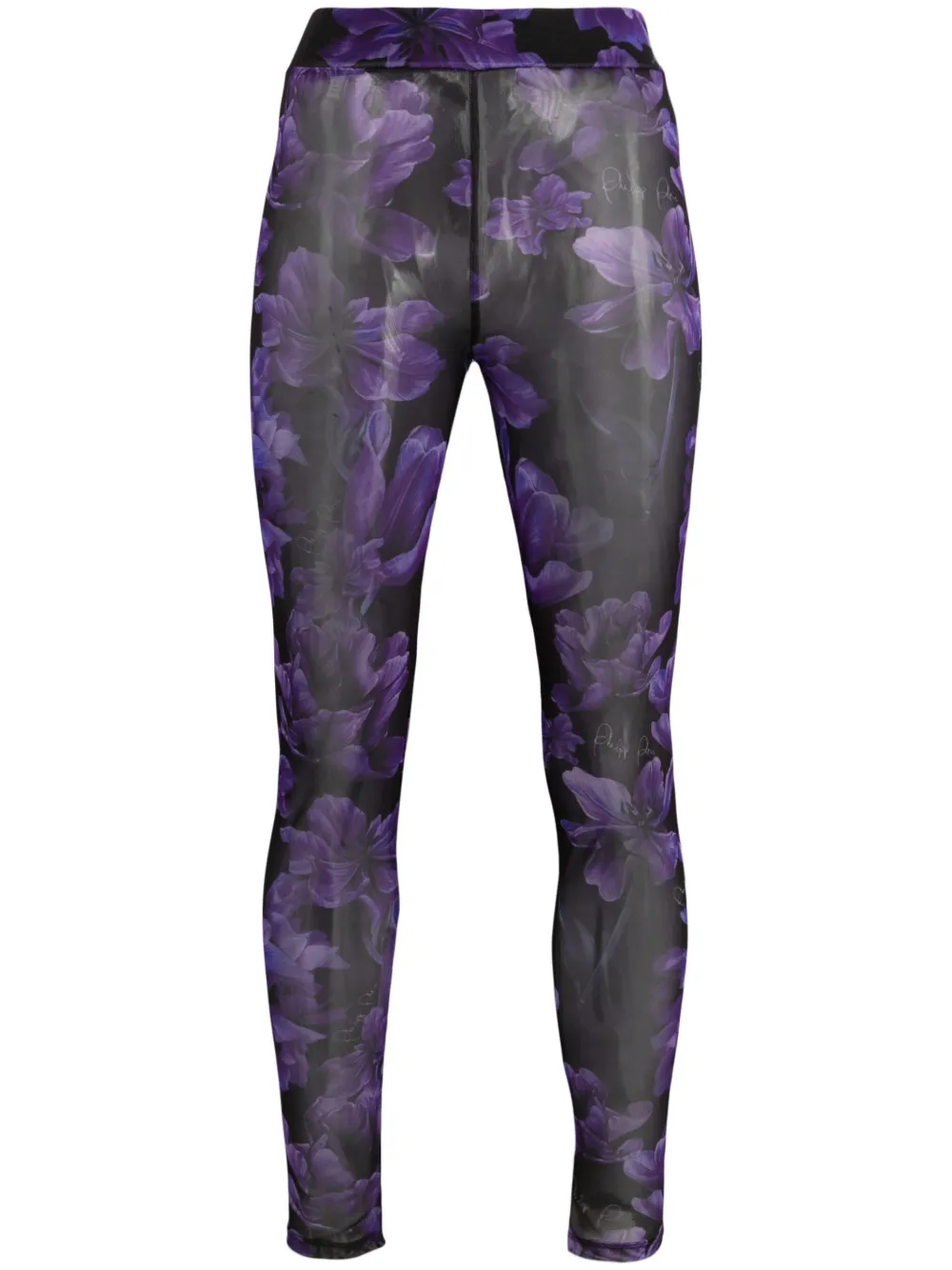 Philipp Plein Floral-print Tulle Leggings In Black