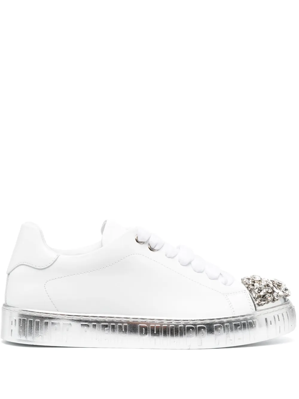 Philipp Plein crystal-embellished lace-up leather sneakers - White