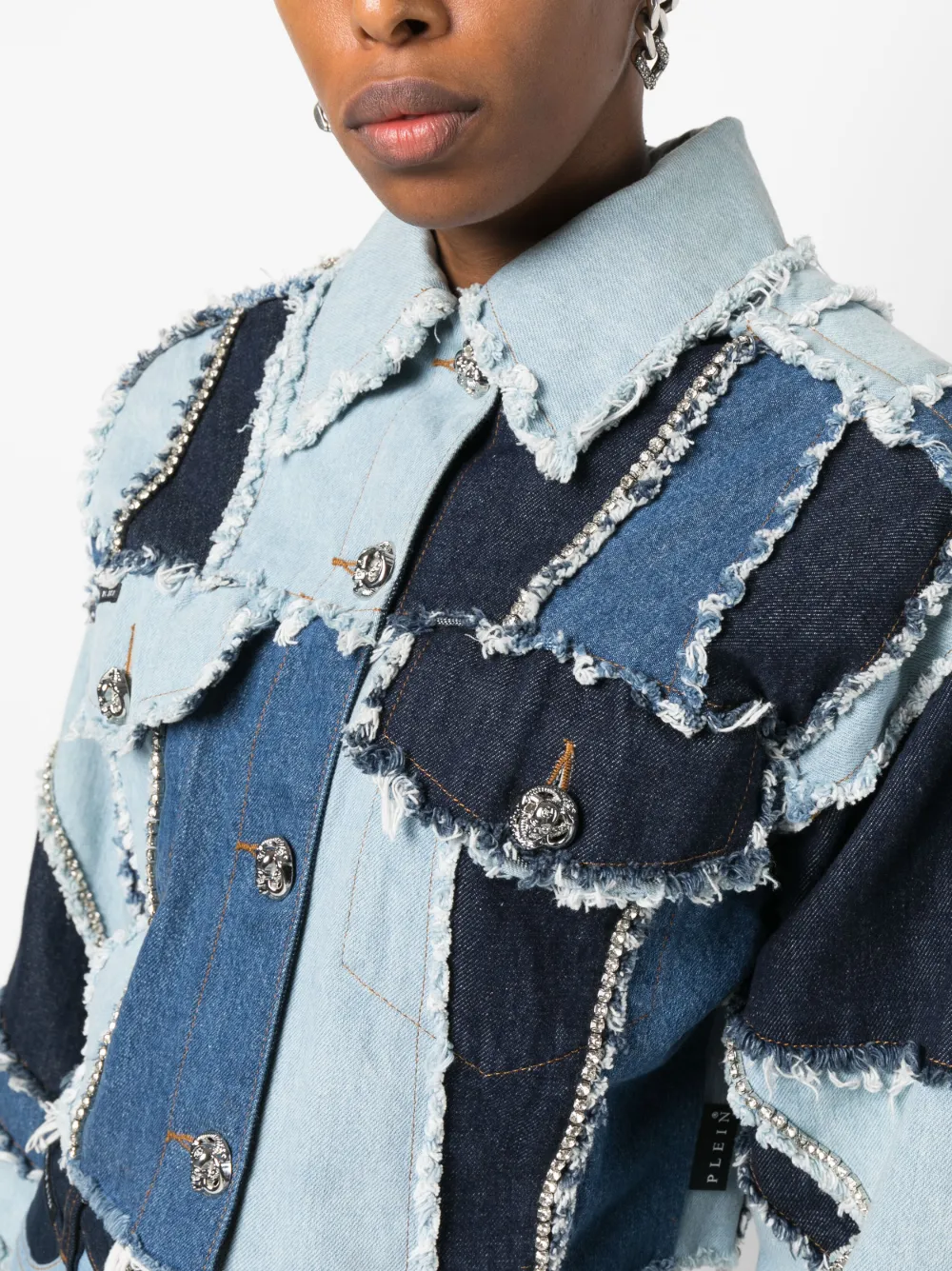 Philipp Plein Denim-patchwork Cropped Jacket In Blue