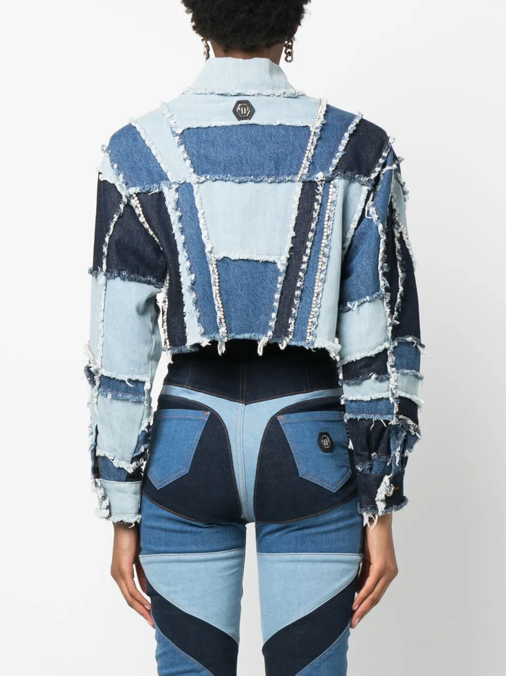 Philipp Plein Denim-patchwork Cropped Jacket In Blue