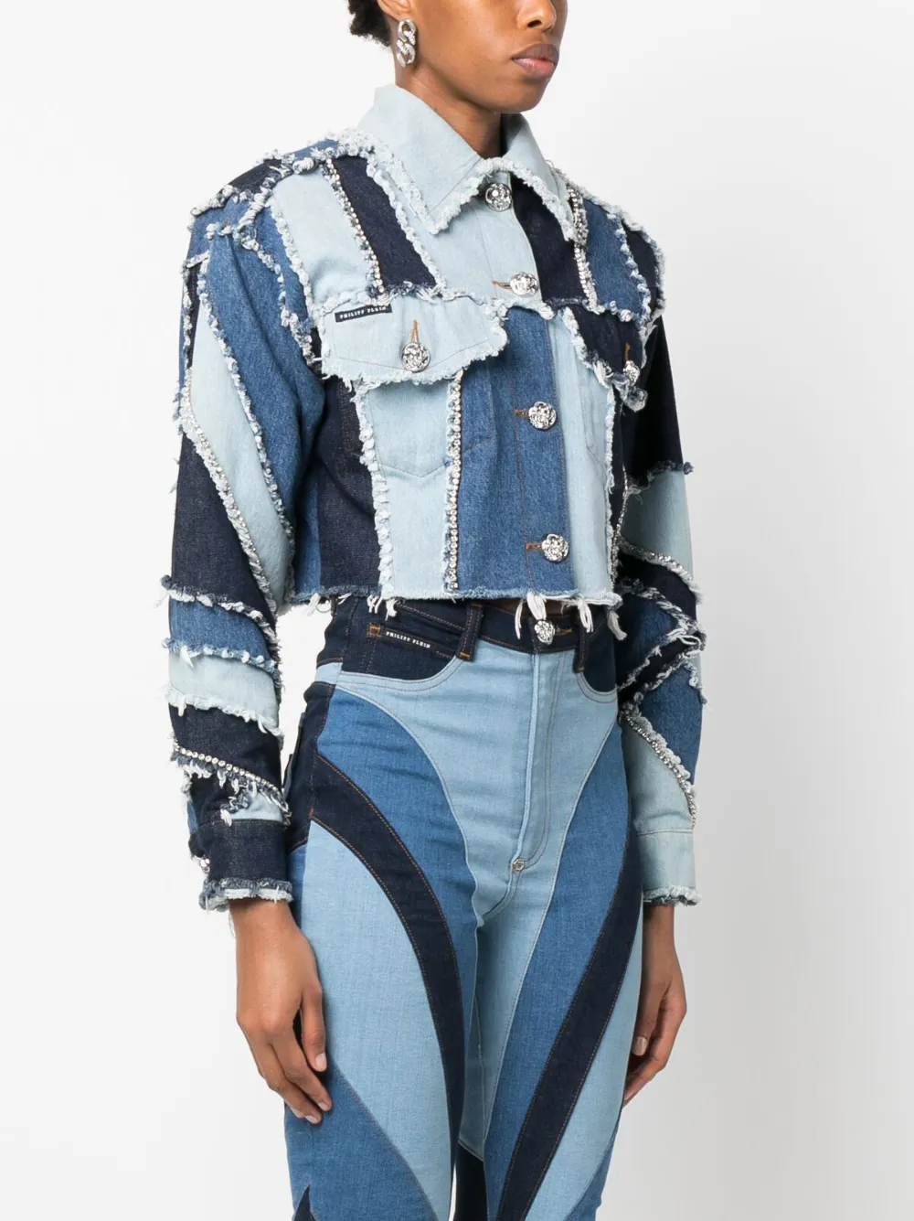 Philipp Plein Denim-patchwork Cropped Jacket In Blue
