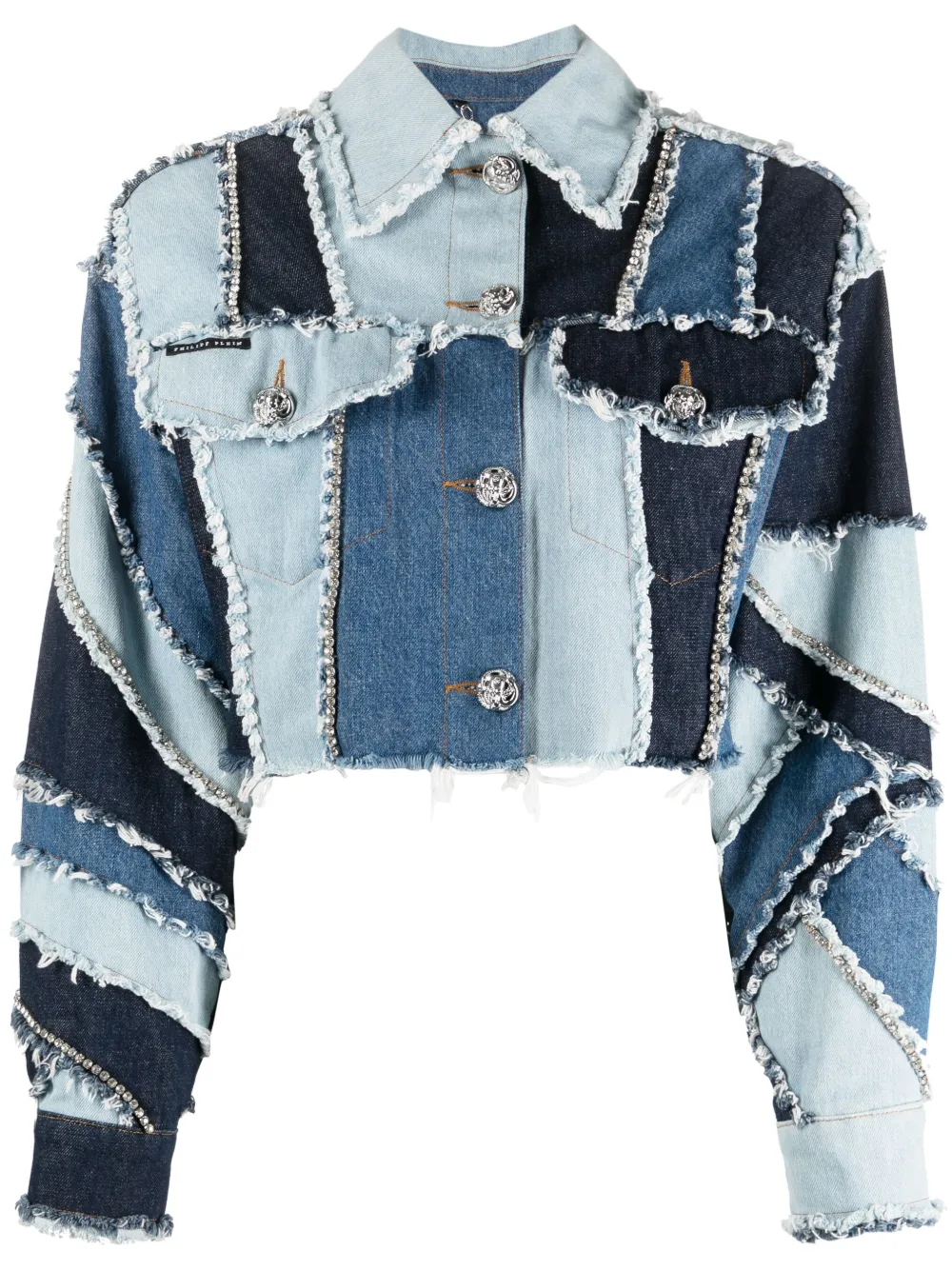Philipp Plein Denim-patchwork Cropped Jacket In Blue