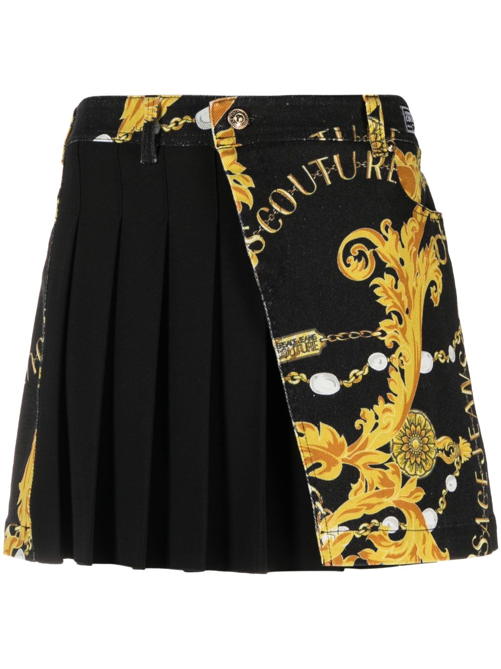 Versace Jeans Couture Logo Couture Pleated Denim Skirt In Eg89 Black + Gold