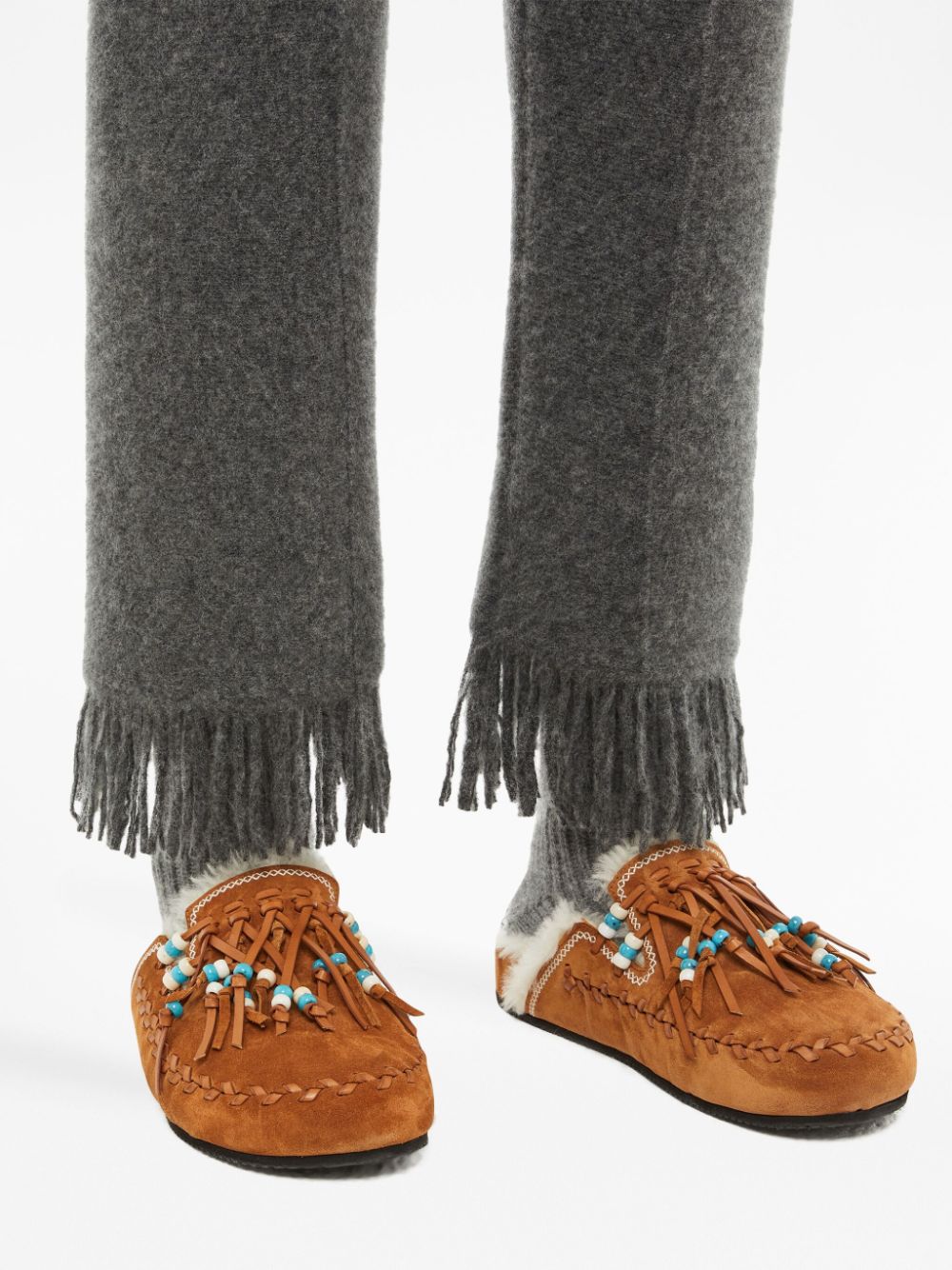 Shop Alanui Frinbged-hem Knit Trousers In Grey