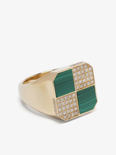Yvonne Léon 9kt yellow gold Petit Damier diamond and malachite signet ring