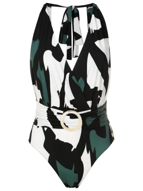 Brigitte abstract-pattern halterneck-tie swimsuit