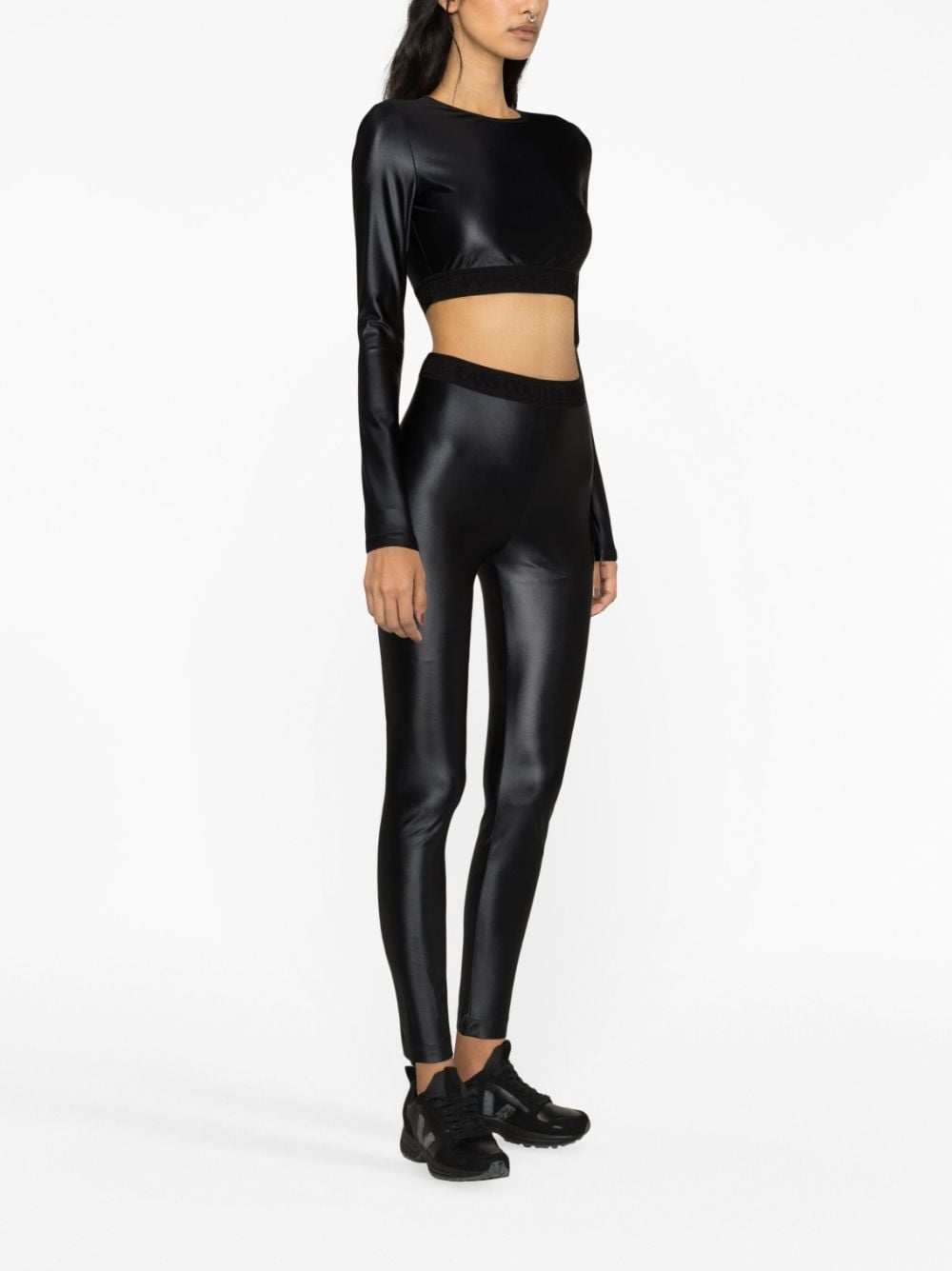 Shop Versace Jeans Couture Logo-waistband Coated Leggings In Black