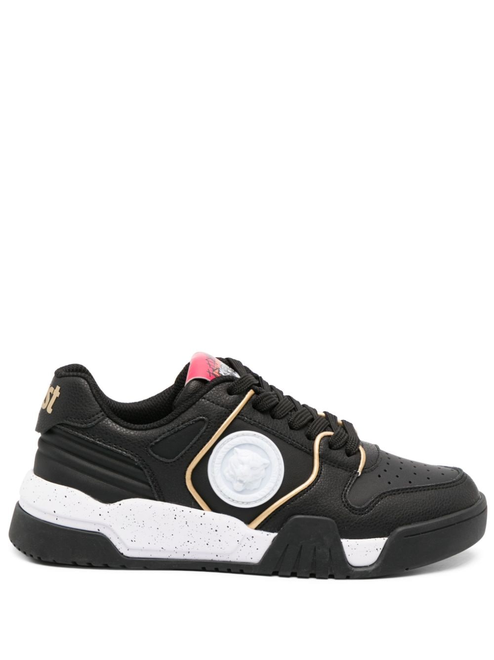 Just Cavalli Tiger Head-motif Leather Trainers In Black