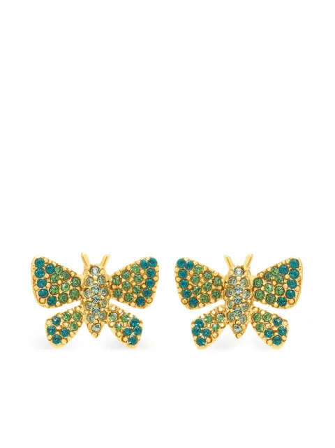 Boucles D'Oreilles Oscar De La Renta - Fleur Émaillée Bleue - Monture Plaqué Or Jaune - Fermoir à Clous - Neuf Sans Emballage
