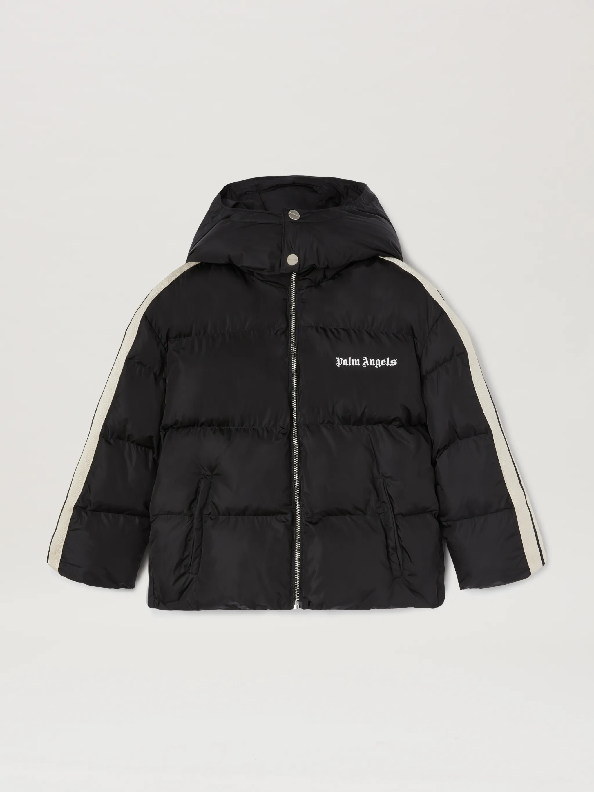 Logo Track Hooded Puffer Jacket in black - Palm Angels® Official