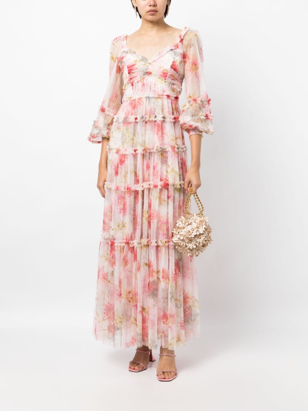 Needle & Thread Maxi-jurk met veren mouwen - Roze