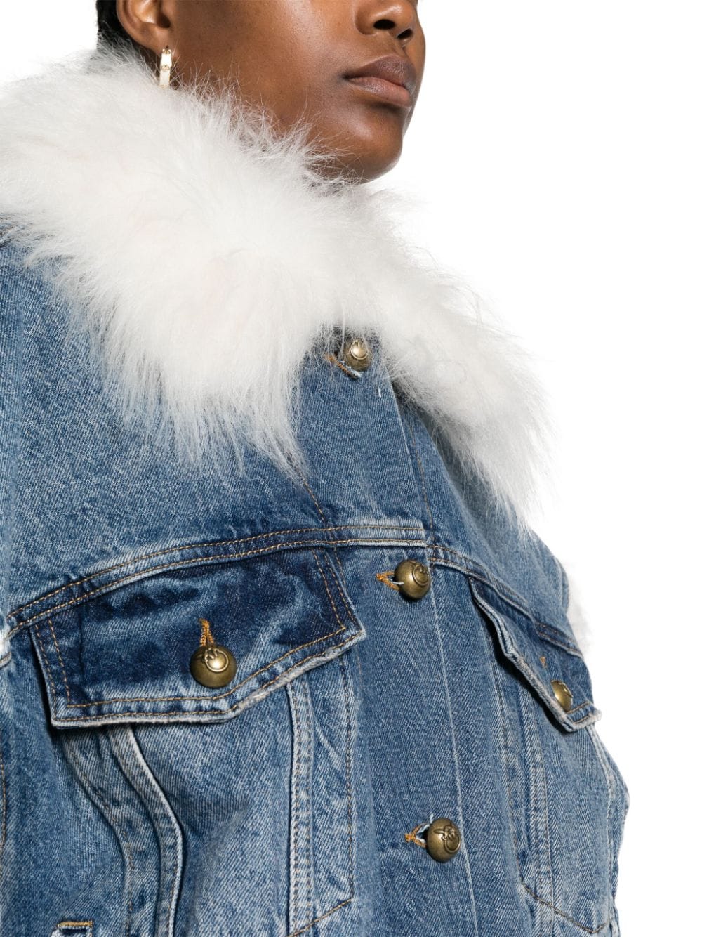 Shop Pinko Faux-fur Collar Sleeveless Denim Jacket In Blue