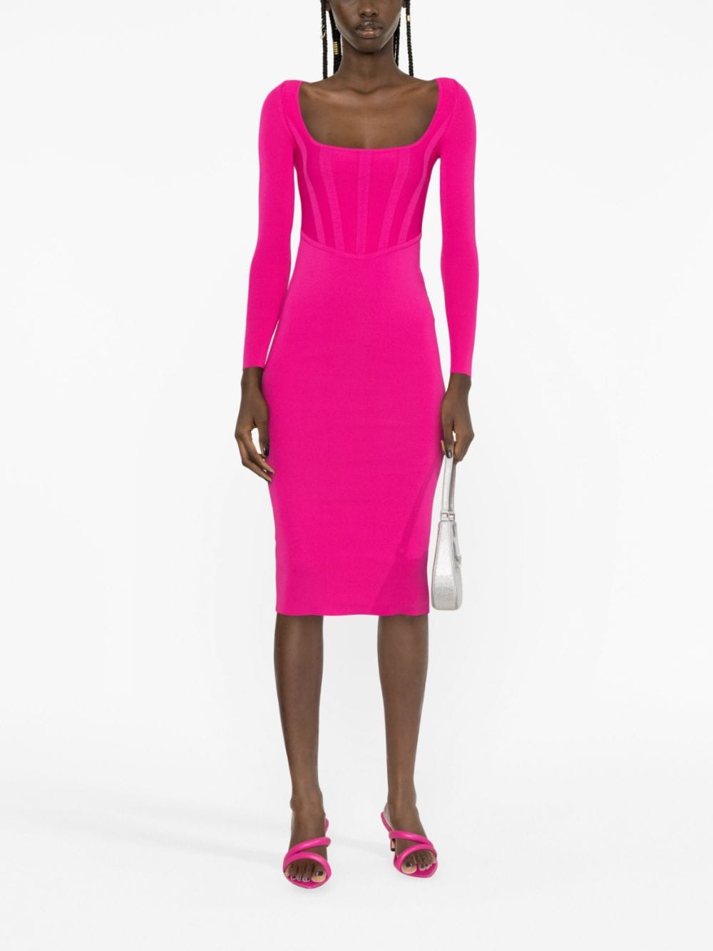 Shop Pinko Long-sleeve Corset-detail Midi Dress In Pink
