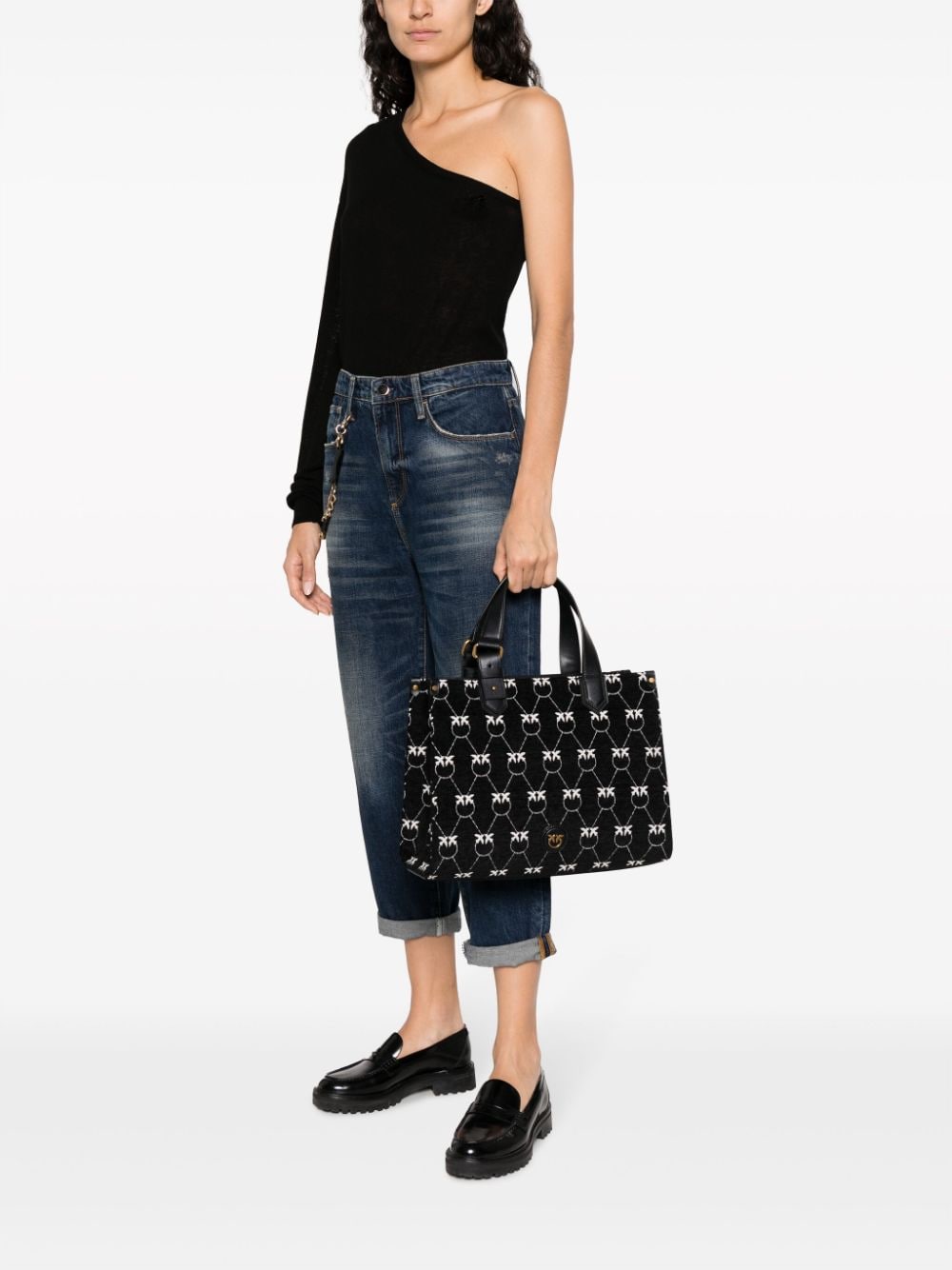 Shop Pinko Monogram Jacquad Tote Bag In Black