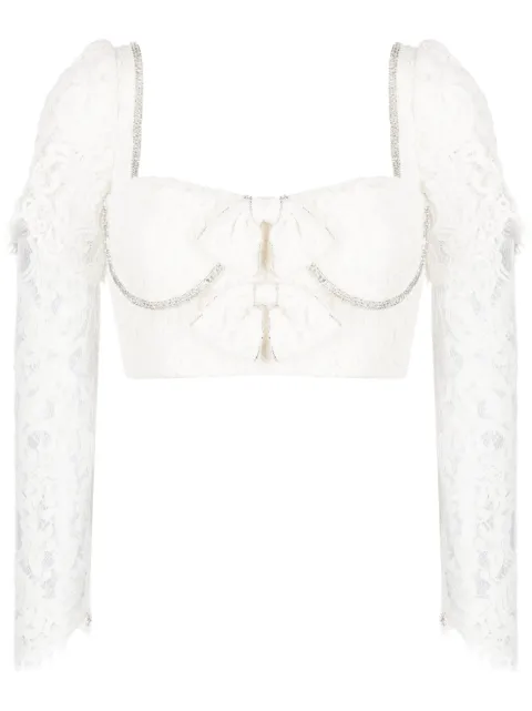 Self-Portrait bow-detail corded lace cropped blouse