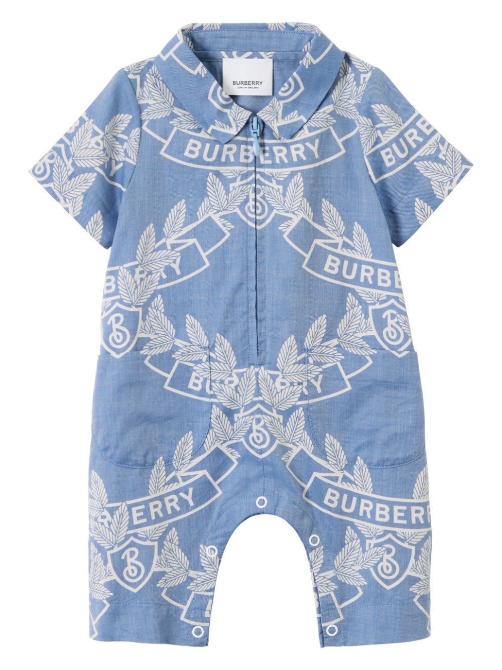 Burberry Babies' Oak Leaf Crest Print Cotton Romper In Pale Blue Ip Pat