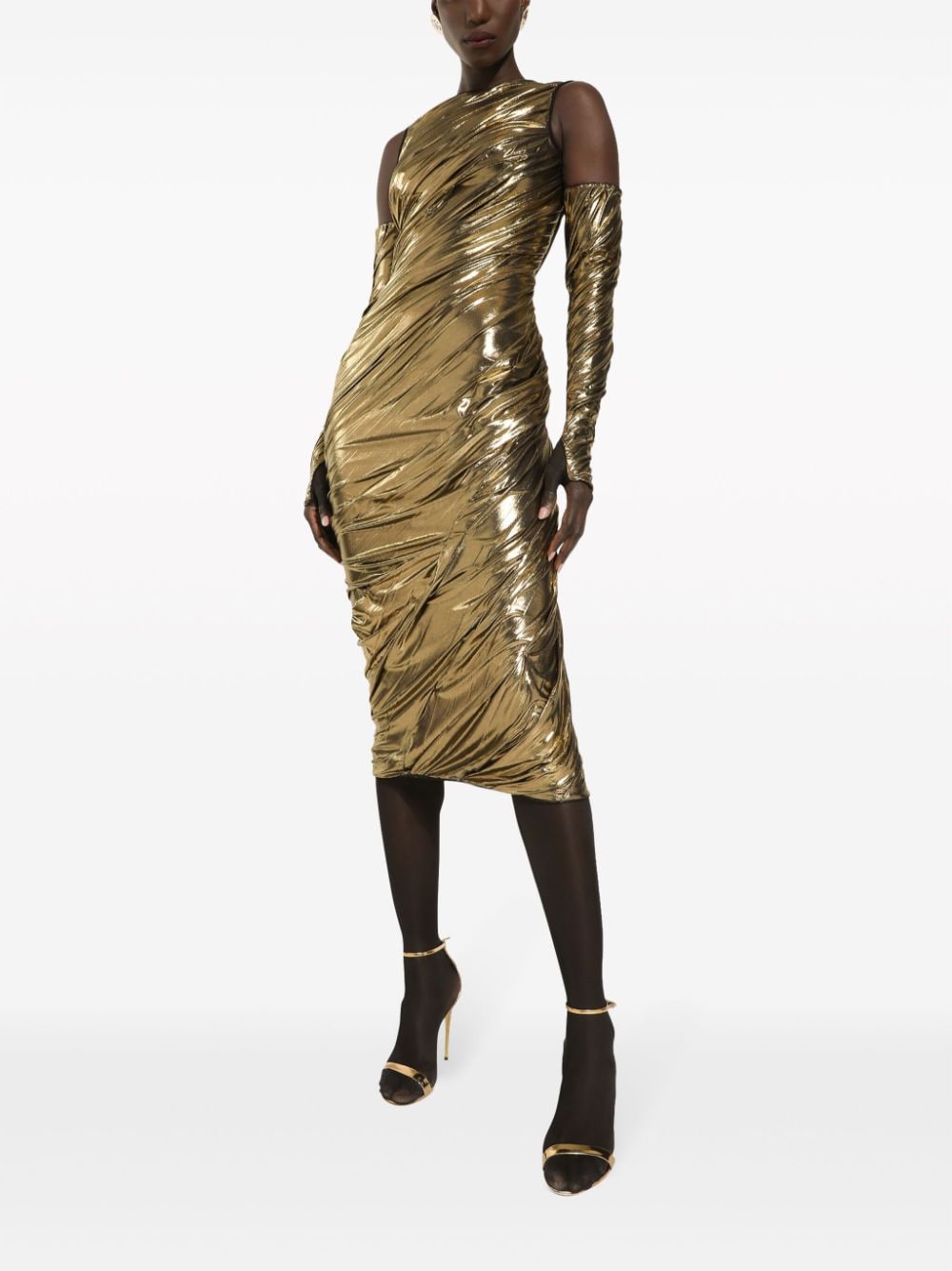 Shop Dolce & Gabbana Foiled-finish Panelled Dress In Gold
