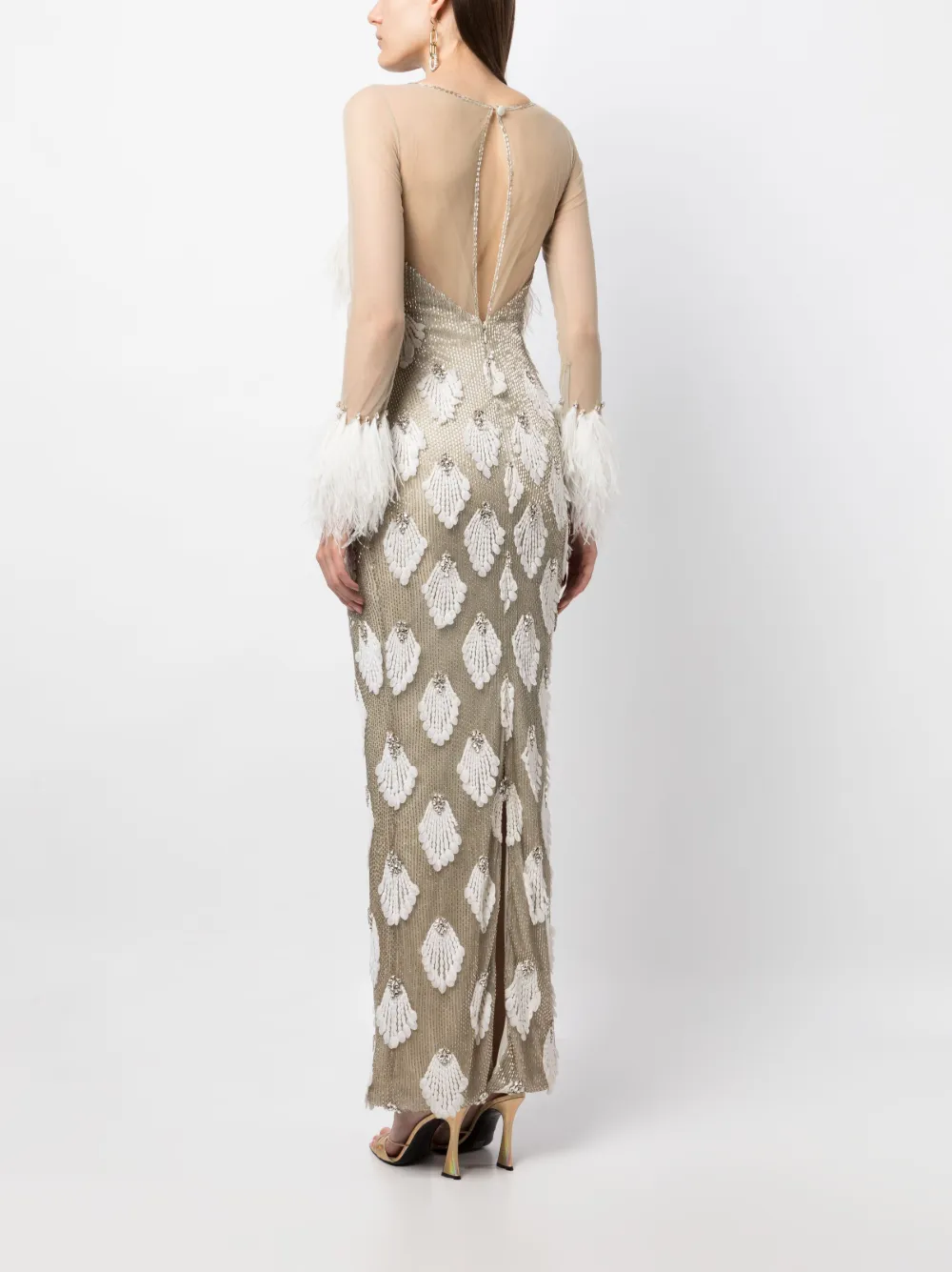 Shop Saiid Kobeisy Feather-detailed Beaded Long Dress In Silver