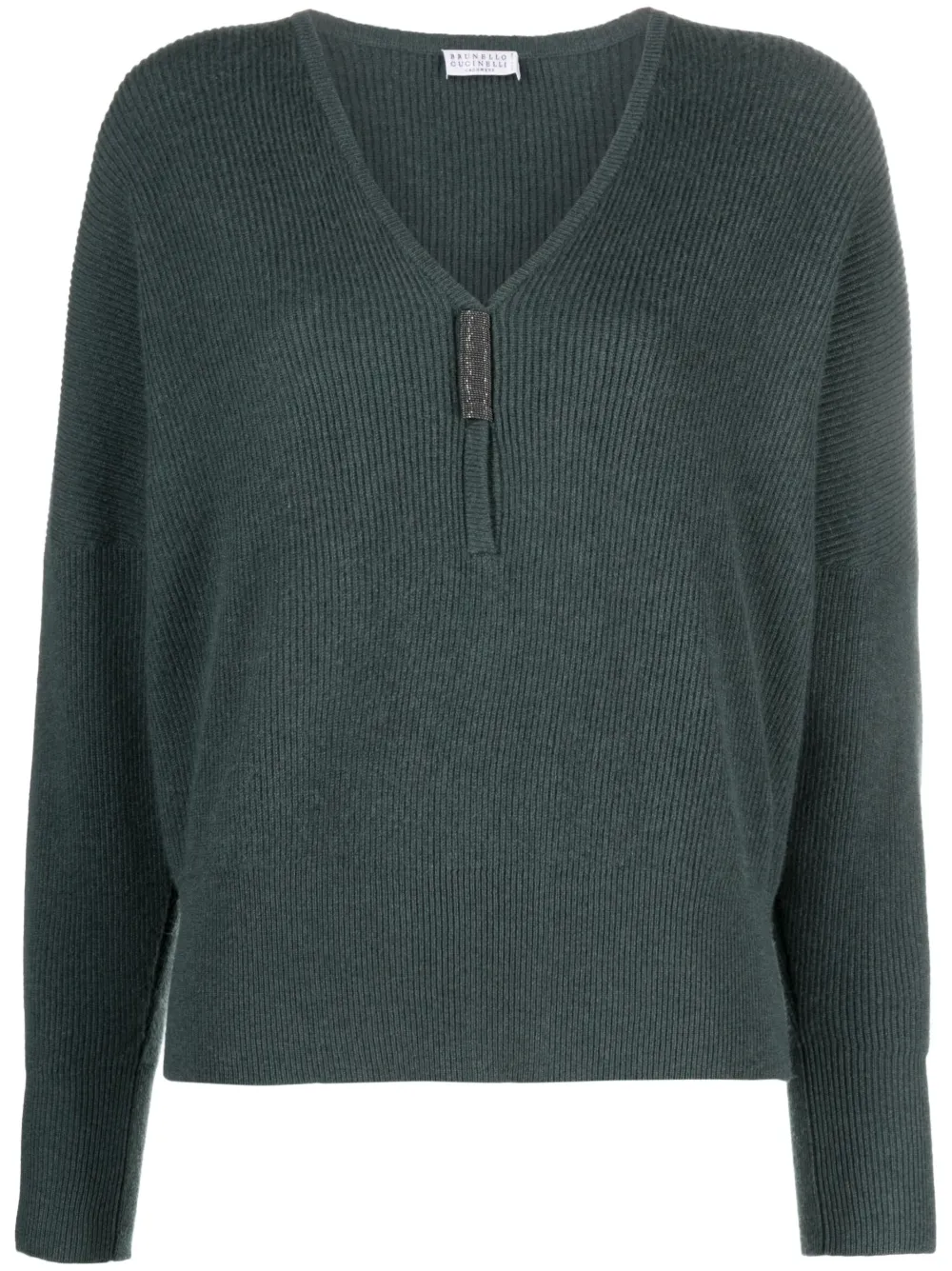 Brunello Cucinelli Monili-embellished V-neck Cashmere Jumper In Green