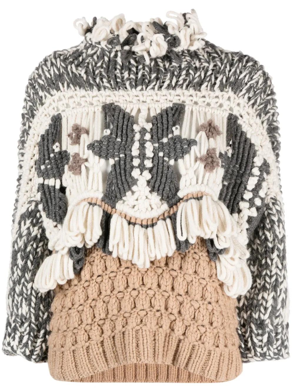 Brunello Cucinelli Cashmere Knit Sweater With Intarsia Macrame Details In Cju57 Medium Beig