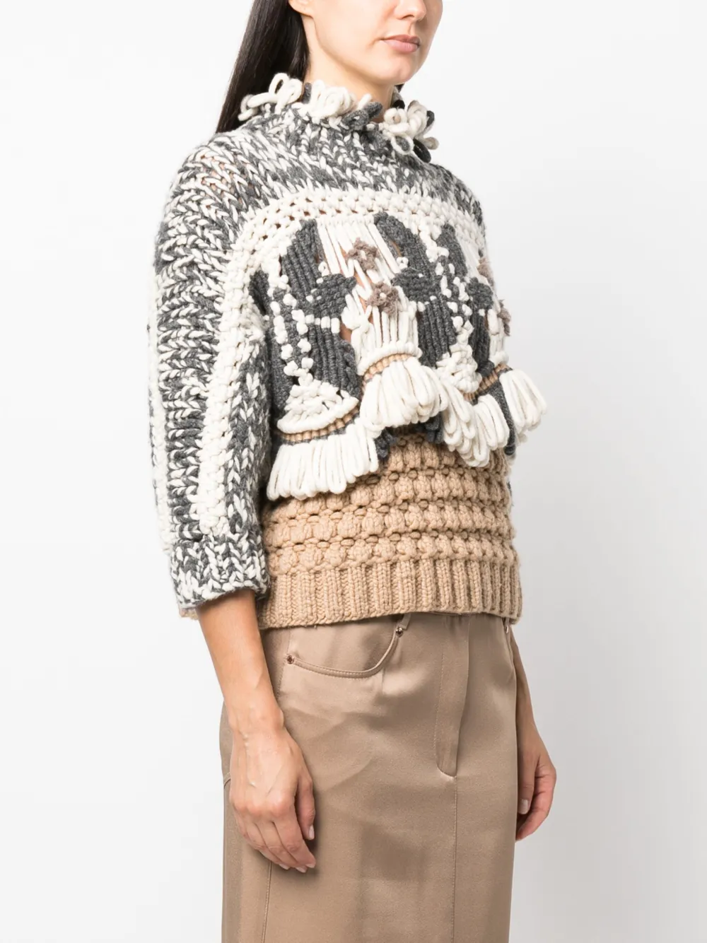 Brunello Cucinelli Cashmere Knit Sweater With Intarsia Macrame Details In Neutrals