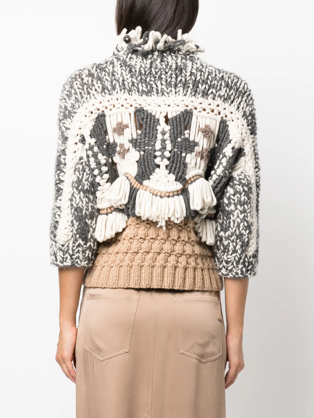 Brunello Cucinelli Cashmere Knit Sweater With Intarsia Macrame Details In Neutrals