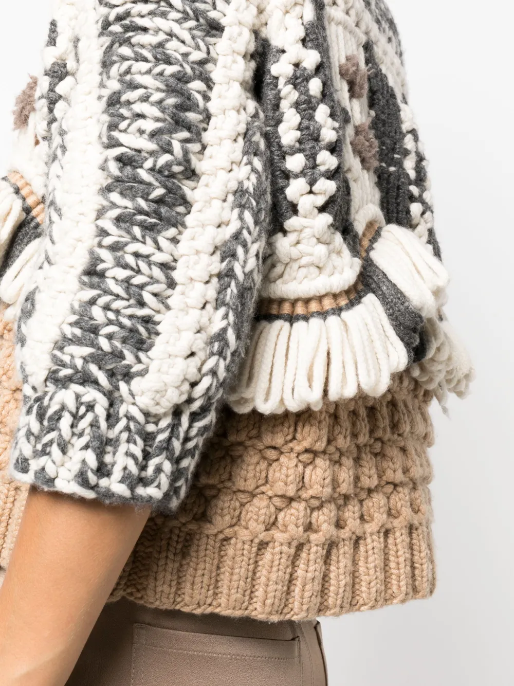 Brunello Cucinelli Cashmere Knit Sweater With Intarsia Macrame Details In Neutrals