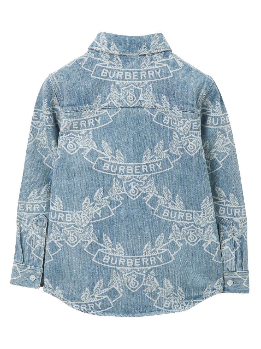 Shop Burberry Oak Leaf Crest Print Denim Shirt In Pale Blue Ip Pat