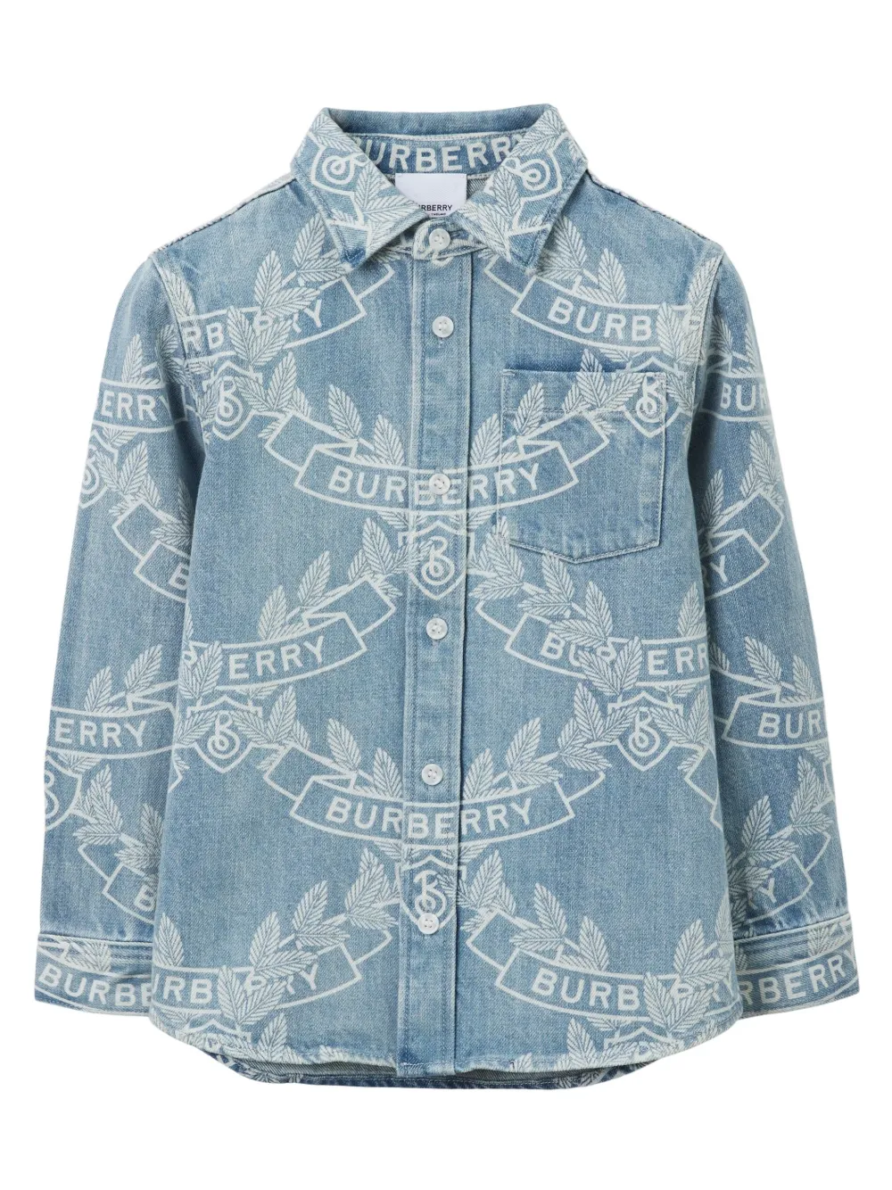 Shop Burberry Oak Leaf Crest Print Denim Shirt In Pale Blue Ip Pat