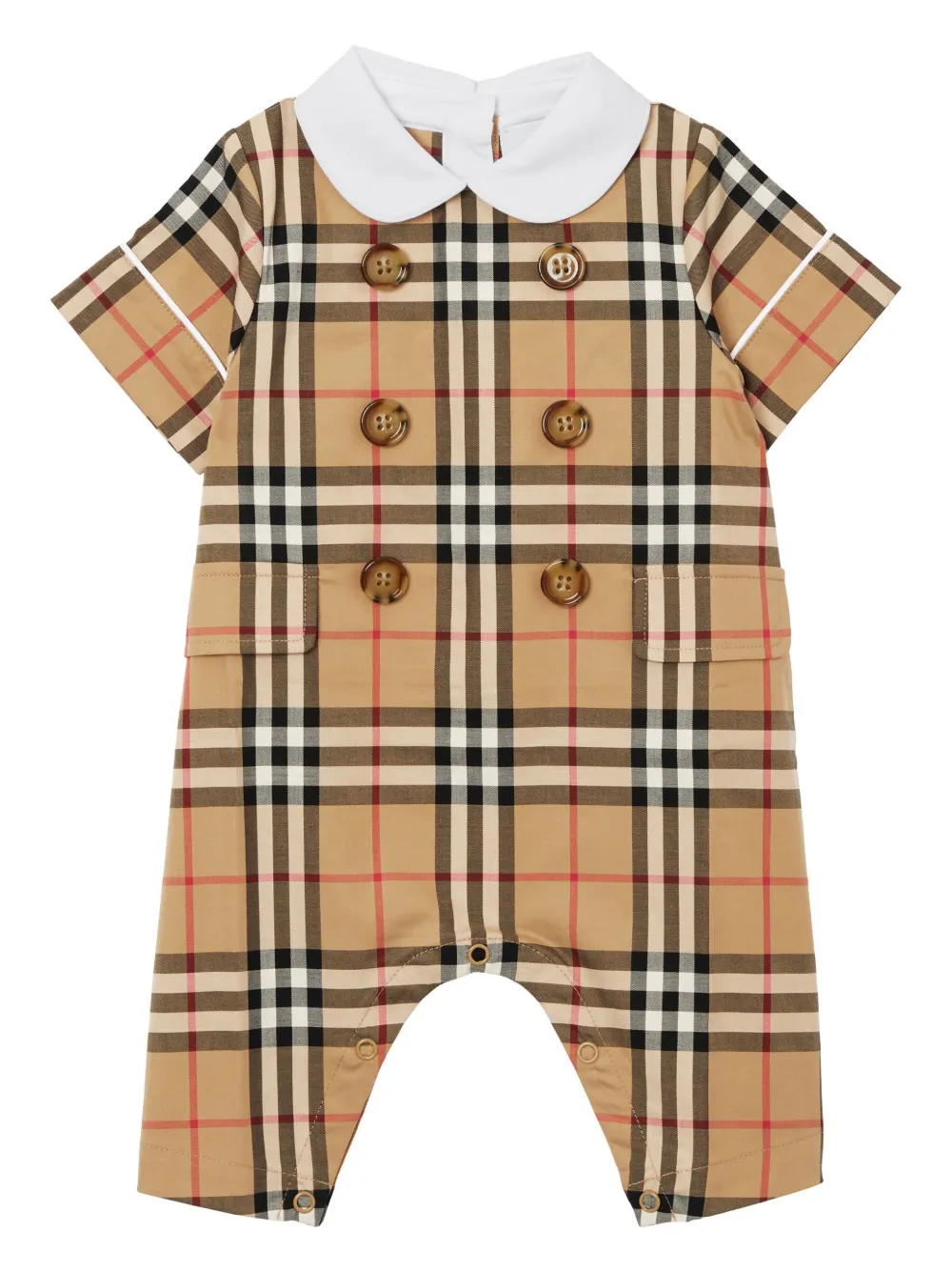 Burberry Babies' 格纹图案弹力棉连体衣 In Brown