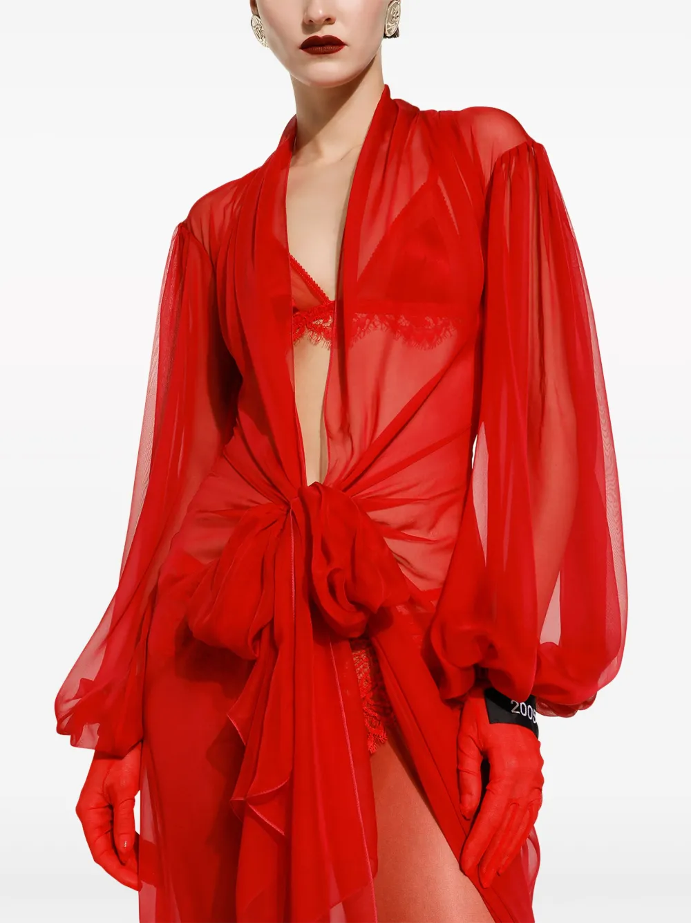 Dolce & Gabbana Long Silk Chiffon Dress With Bow Detail In Red
