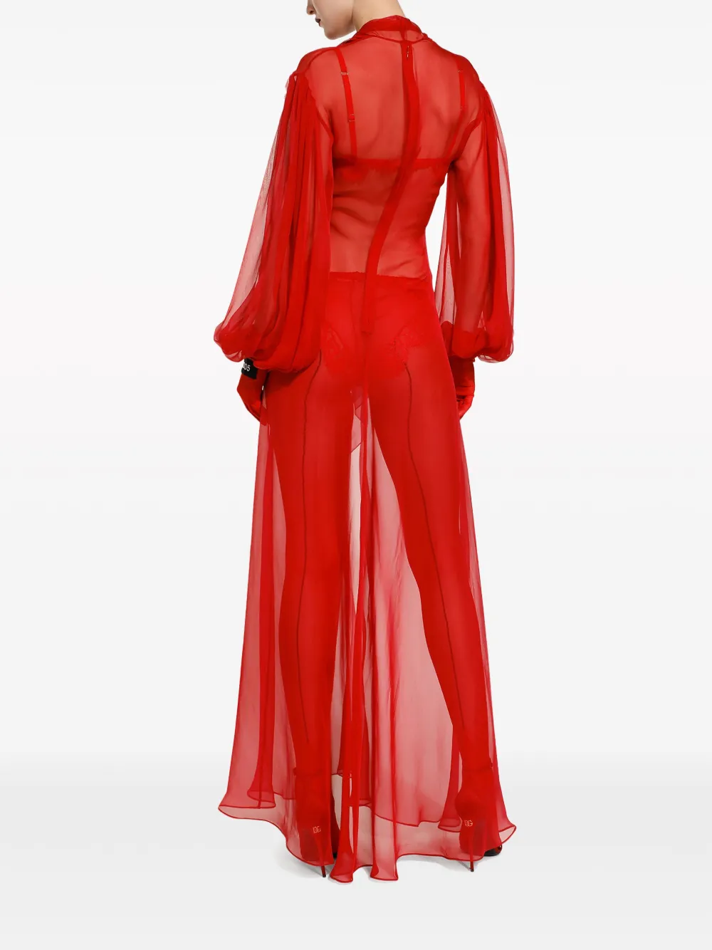 Dolce & Gabbana Long Silk Chiffon Dress With Bow Detail In Red