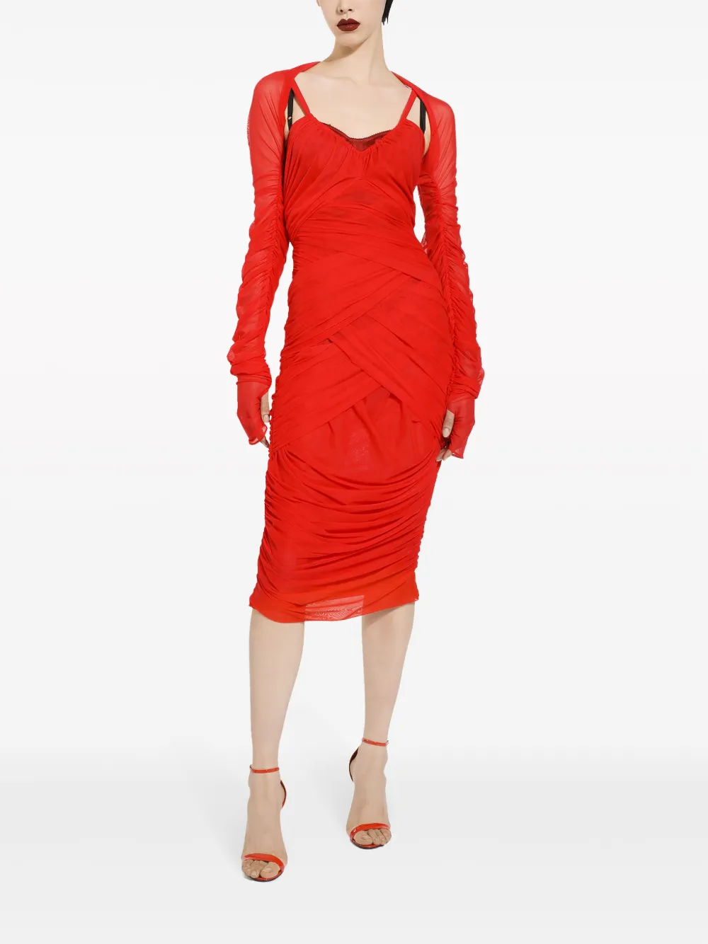 Shop Dolce & Gabbana Draped Layered Tulle Midi Dress In Red