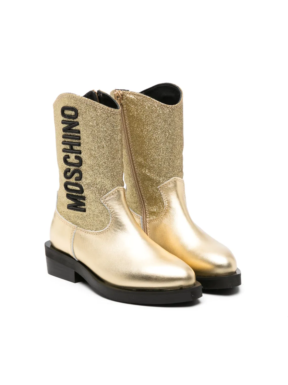 Moschino Kids' Logo-embroidered Leather Boots In Gold